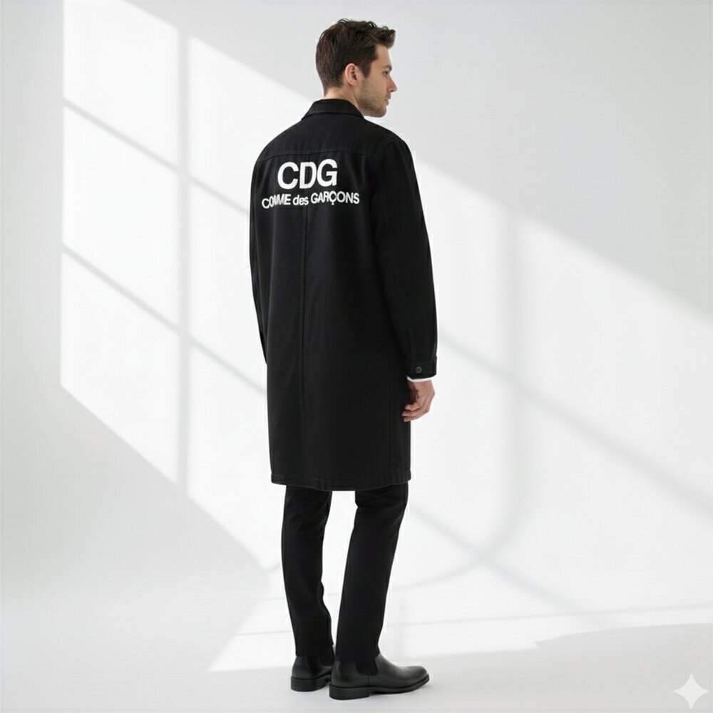 COMME des GARCONS Long Denim Coat Back Logo Staff Jacket Streetwear Black Men M